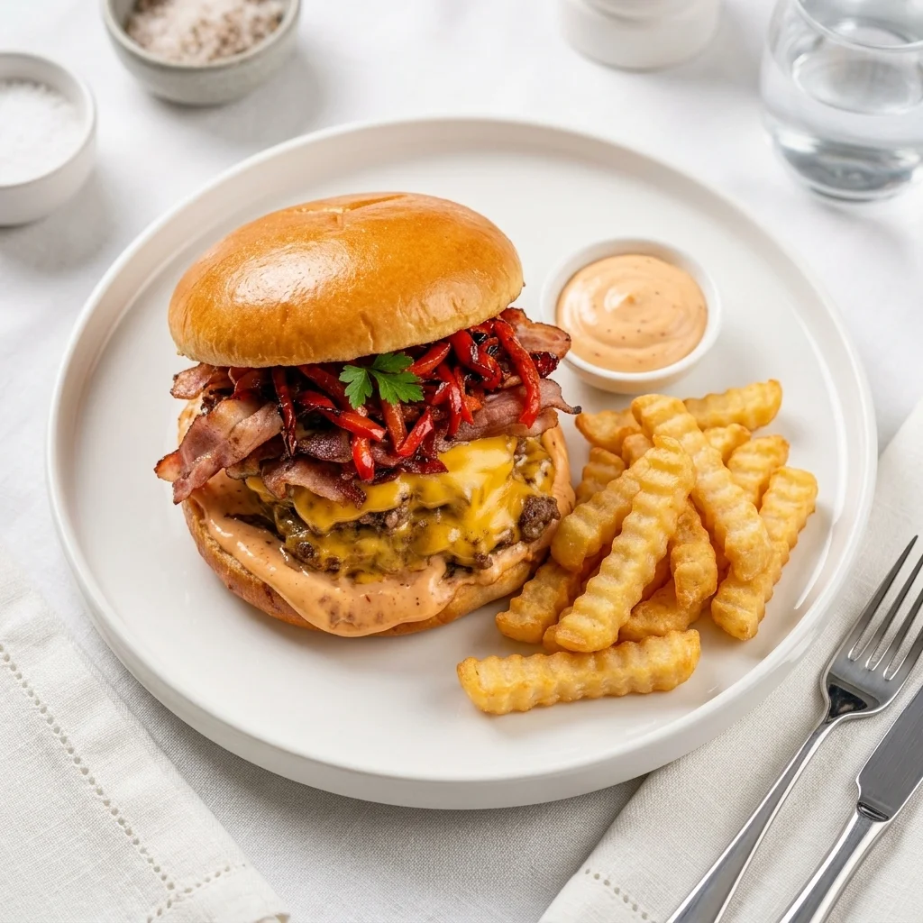 The House Burger with fries — pub burger at Banff Sizzlers on Banff Avenue, AB