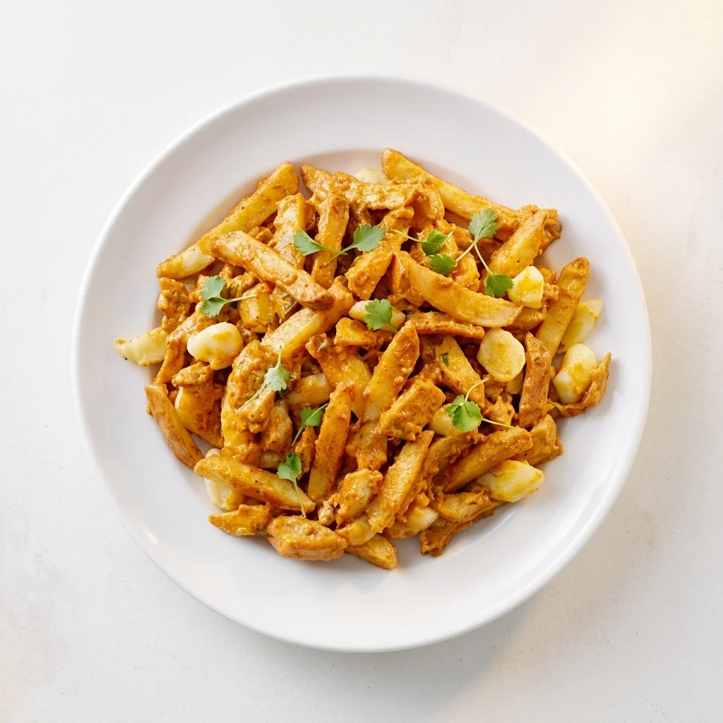 Butter Chicken Poutine at Banff Sizzlers Pub & Grill — crispy fries with creamy butter chicken sauce, cheese curds and cilantro in Banff, AB